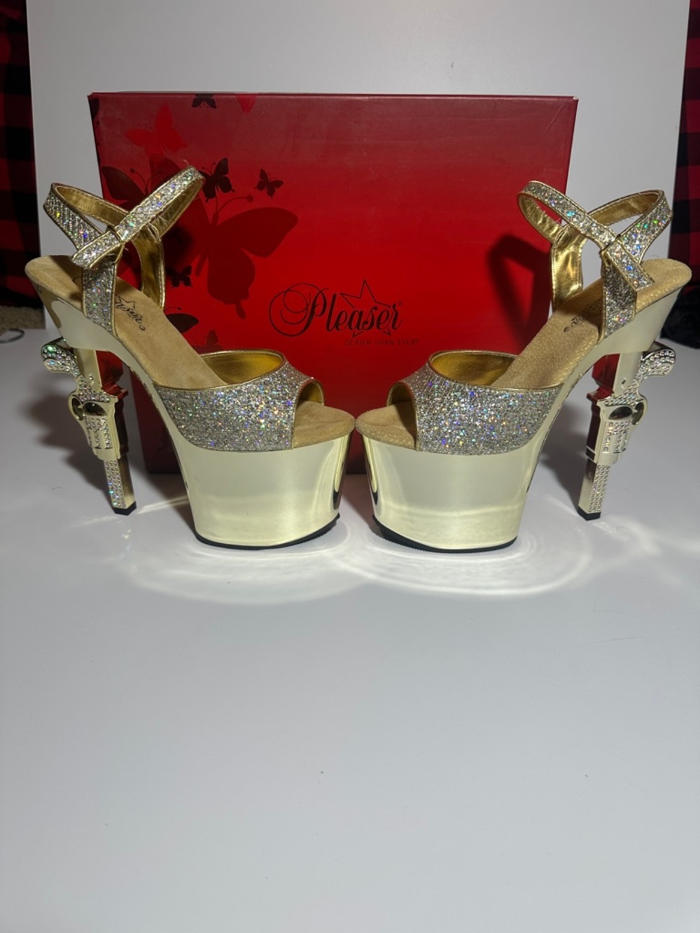 Pleaser Gold Glitter Platform Sandals with Rhinestone Accent Heels
